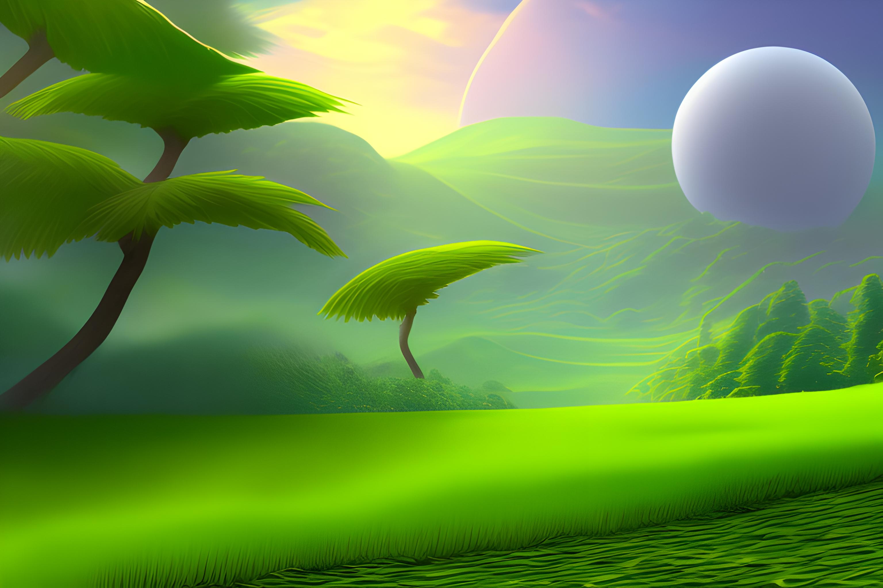 Gere uma imagem com um campo verde de grama e um pinguim símbolo do linux caminhando no campo.